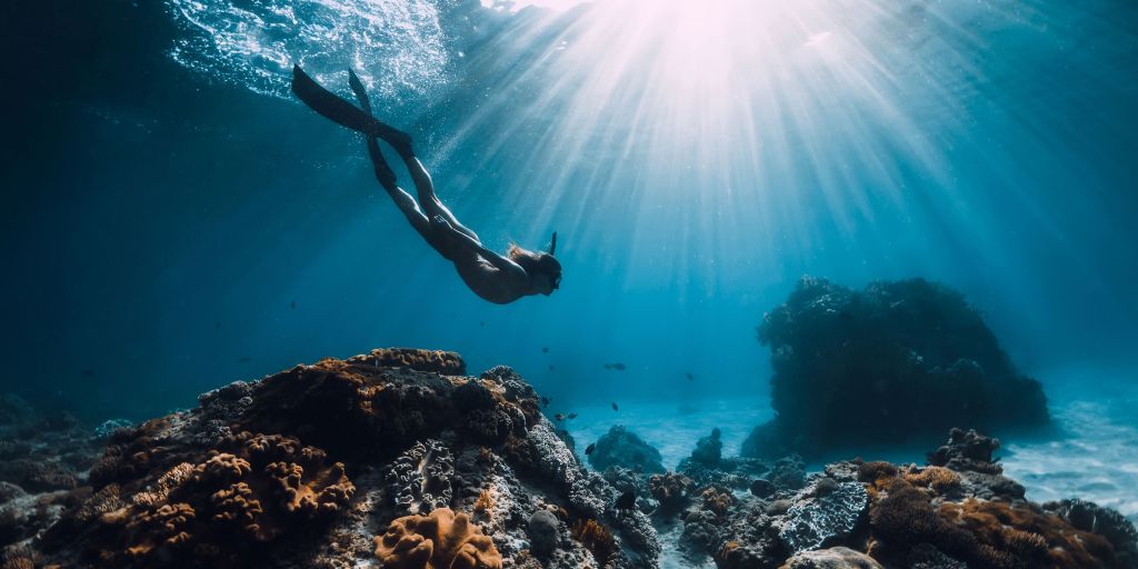 Freediver gliding calmly above coral reef practicing ocean etiquette
